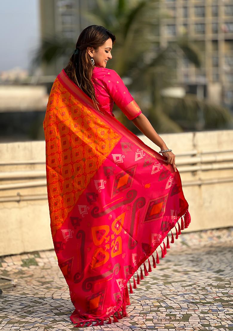 Orange Zari Woven Silk Saree Set