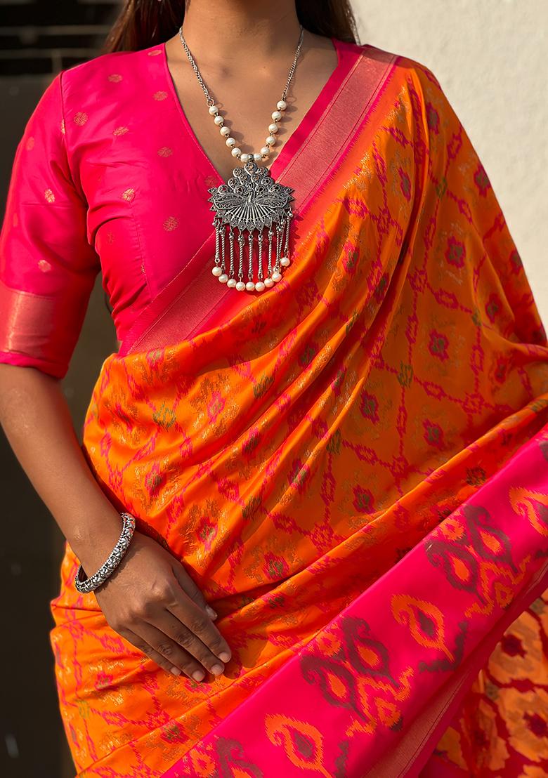Orange Zari Woven Silk Saree Set