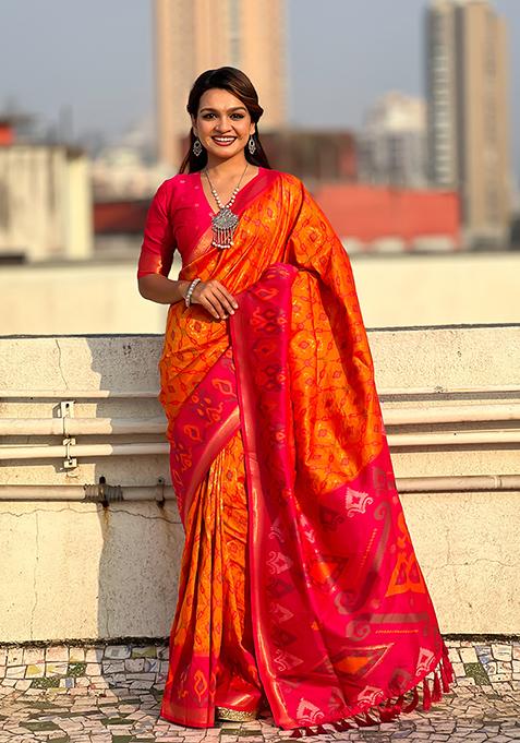 Orange Zari Woven Silk Saree Set