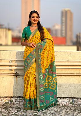 Mustard Zari Woven Silk Saree Set
