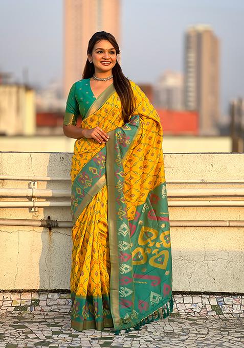 Mustard Zari Woven Silk Saree Set