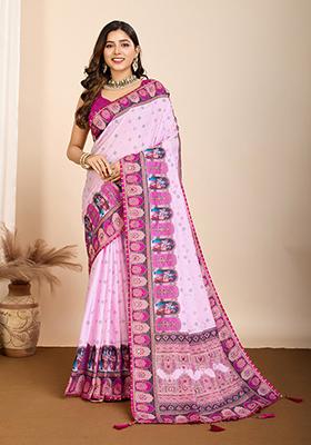 Purple Abstract Print Cotton Saree Set