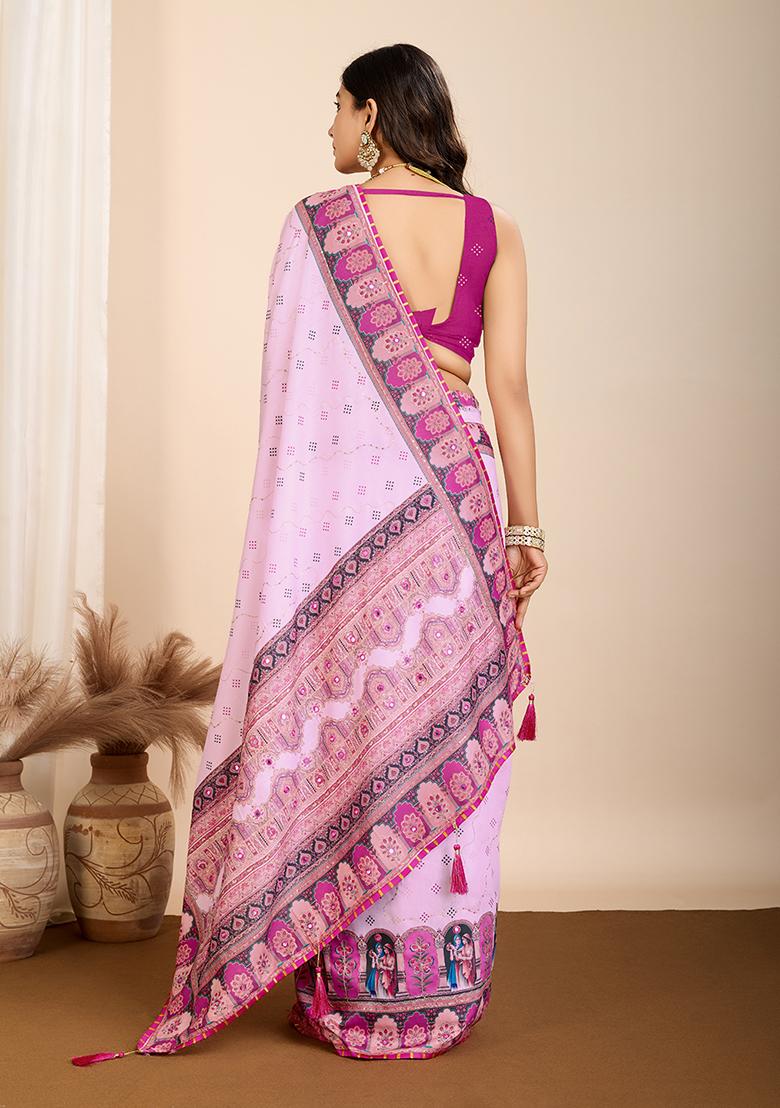 Purple Abstract Print Cotton Saree Set