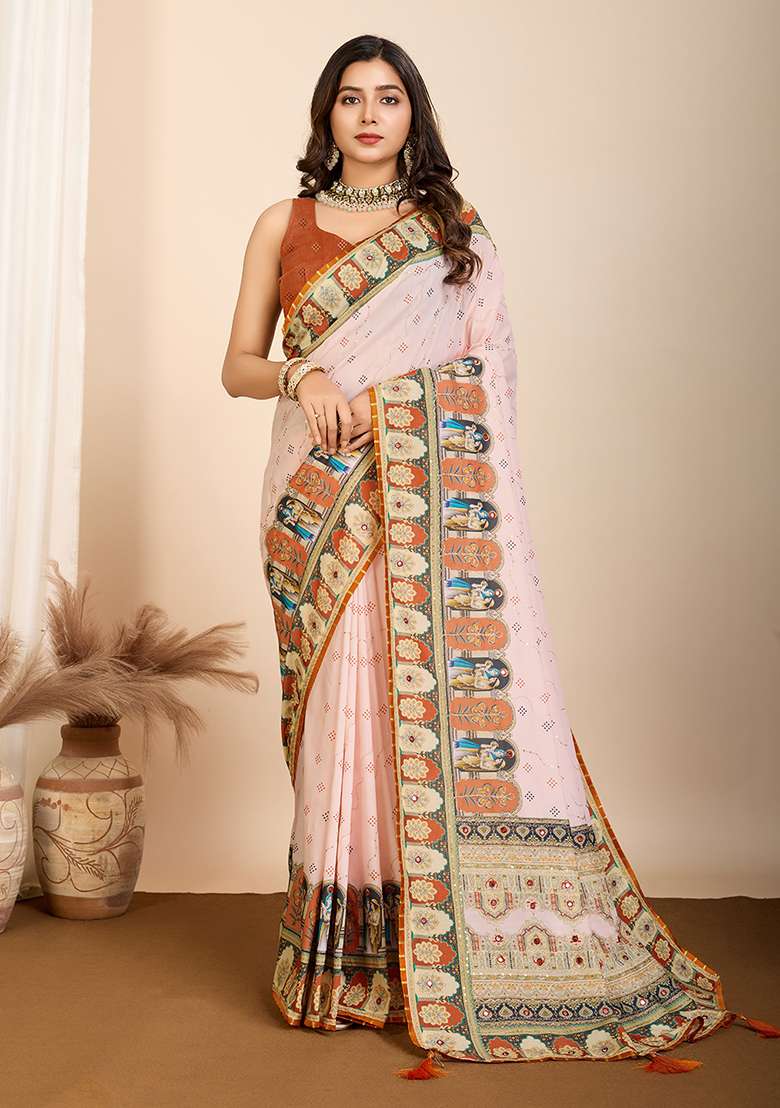 Orange Abstract Print Cotton Saree Set for Diwali and Festive Wear - Indya