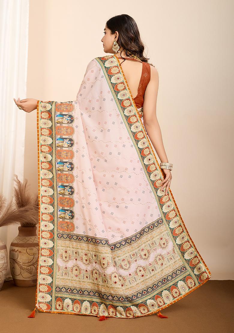 Orange Abstract Print Cotton Saree Set