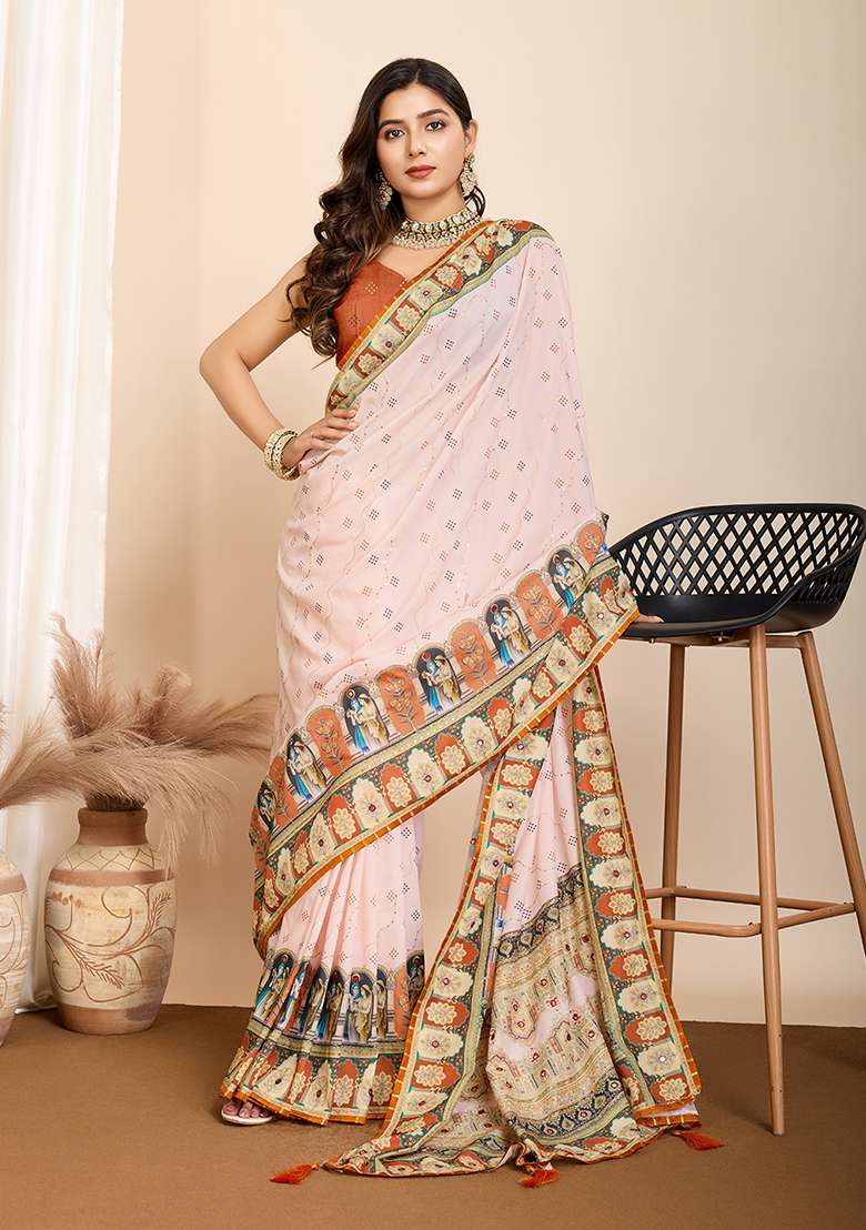 Orange Abstract Print Cotton Saree Set for Diwali and Festive Wear - Indya