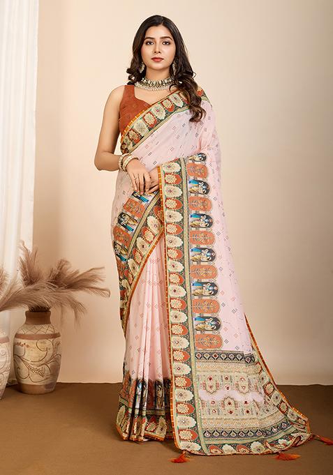 Orange Abstract Print Cotton Saree Set