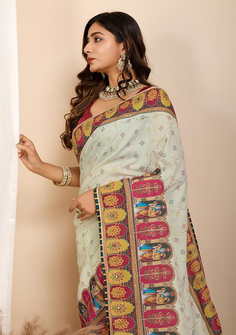 Yellow Abstract Print Cotton Saree Set