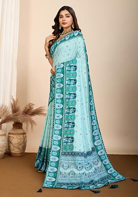 Blue Abstract Print Cotton Saree Set