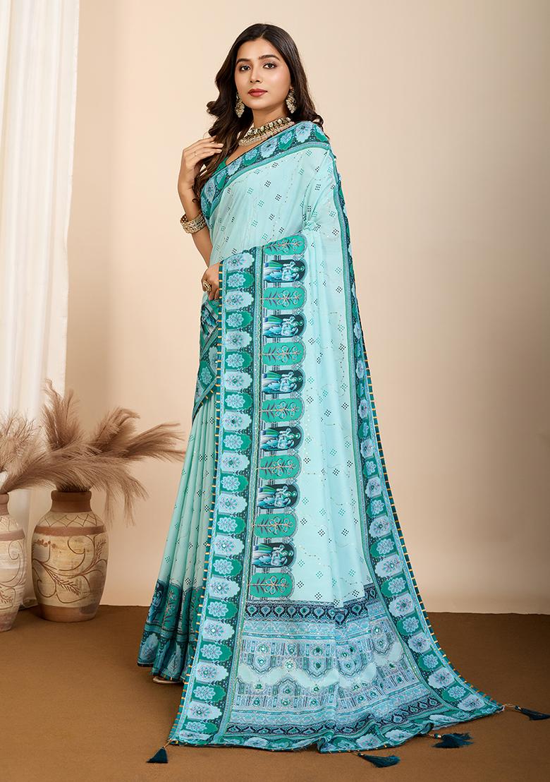 Blue Abstract Print Cotton Saree Set