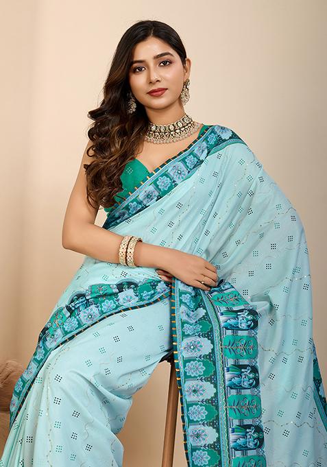 Blue Abstract Print Cotton Saree Set