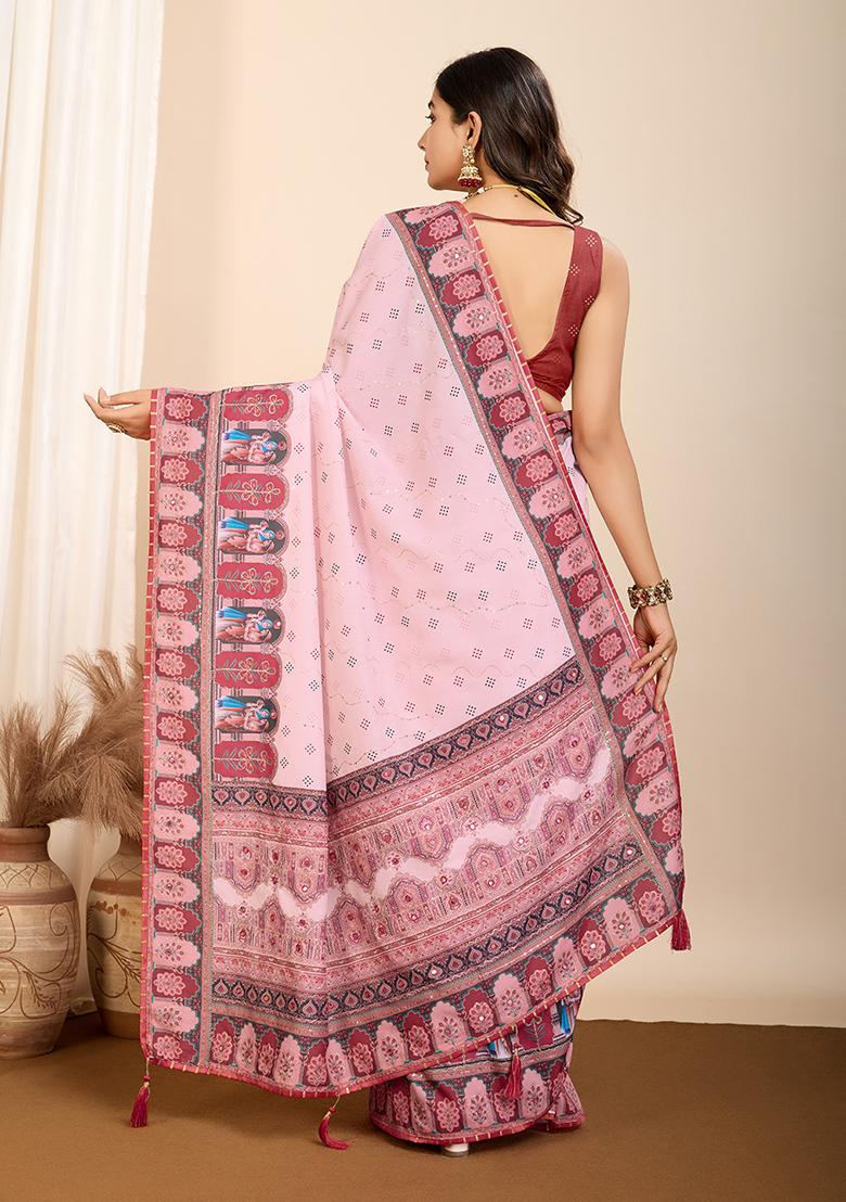 Pink Abstract Print Cotton Saree Set