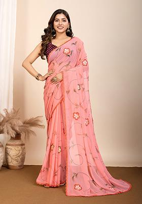 Peach Abstract Print Georgette Saree Set