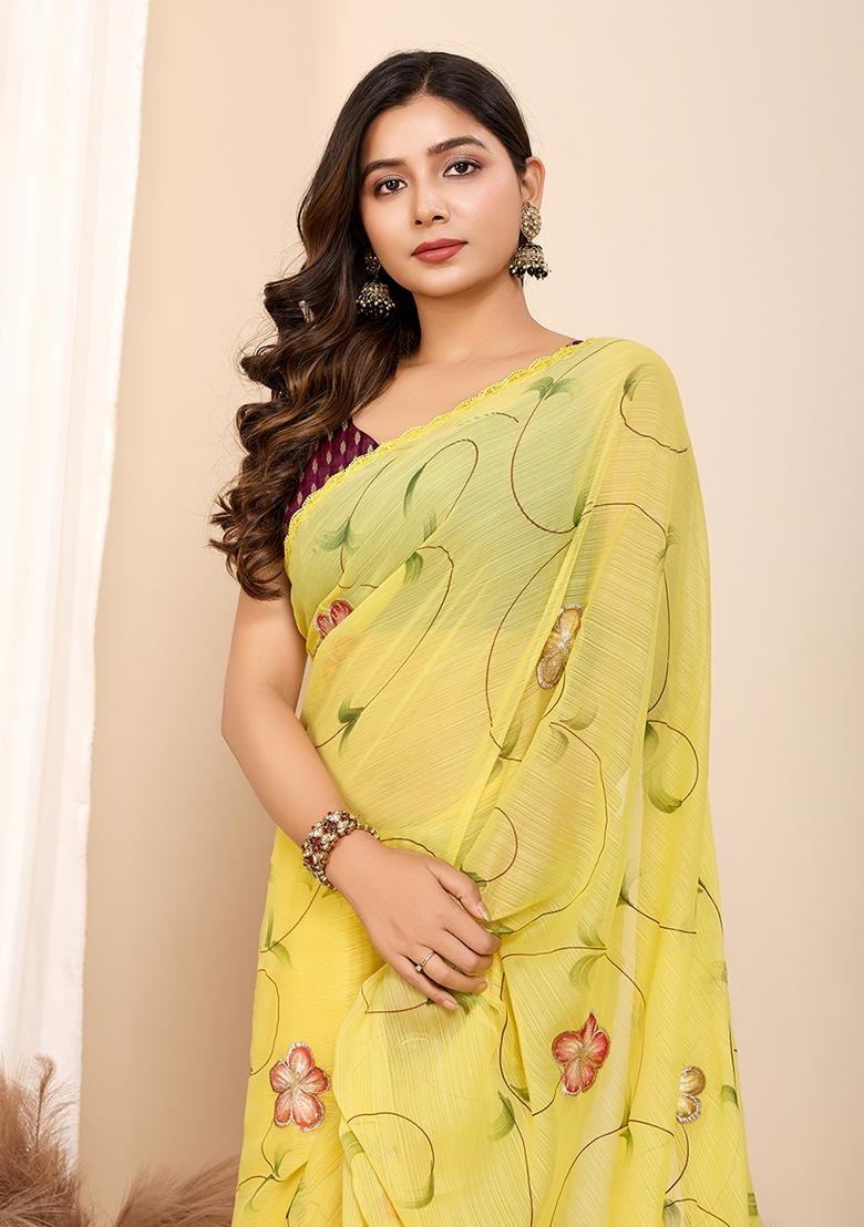 Yellow Abstract Print Georgette Saree Set