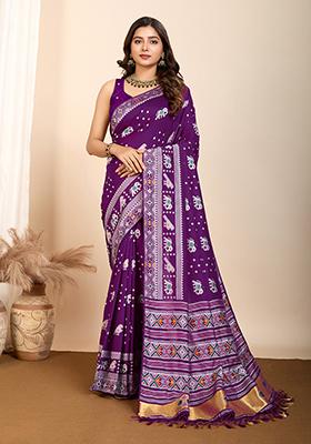 Purple Zari Woven Silk Saree Set