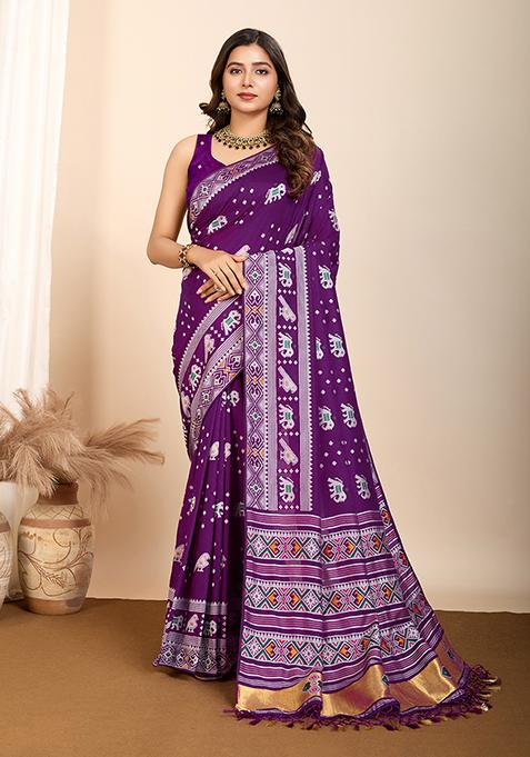 Purple Zari Woven Silk Saree Set