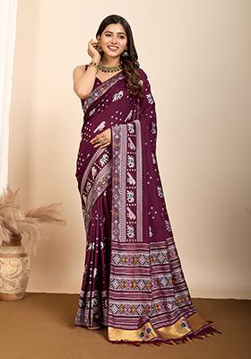 Wine Zari Woven Silk Saree Set
