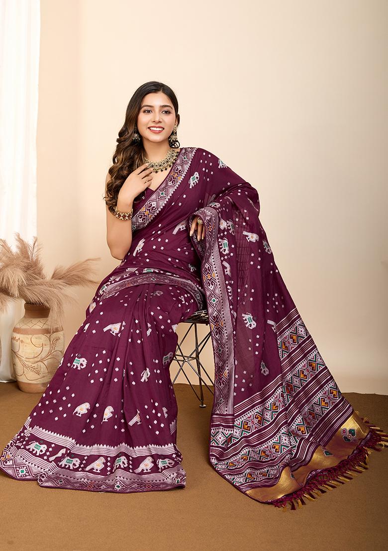 Wine Zari Woven Silk Saree Set