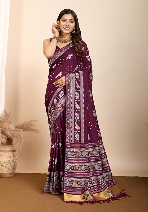 Wine Zari Woven Silk Saree Set