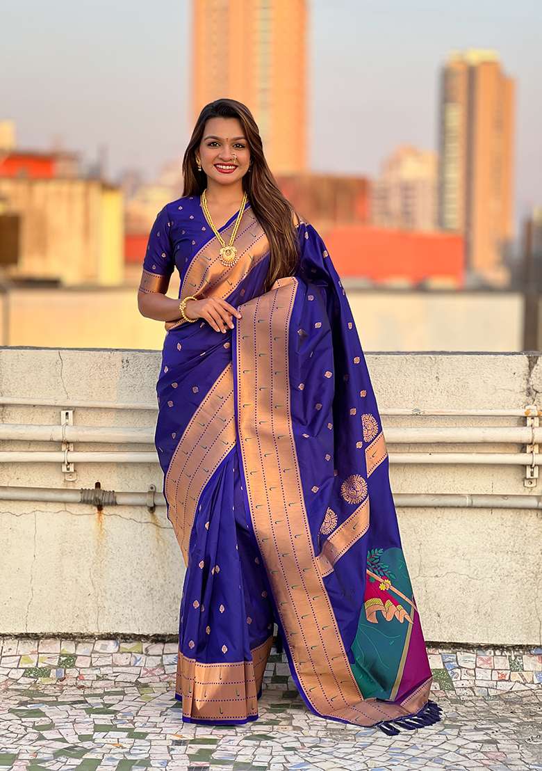 Blue Zari Woven Silk Saree Set - Indya
