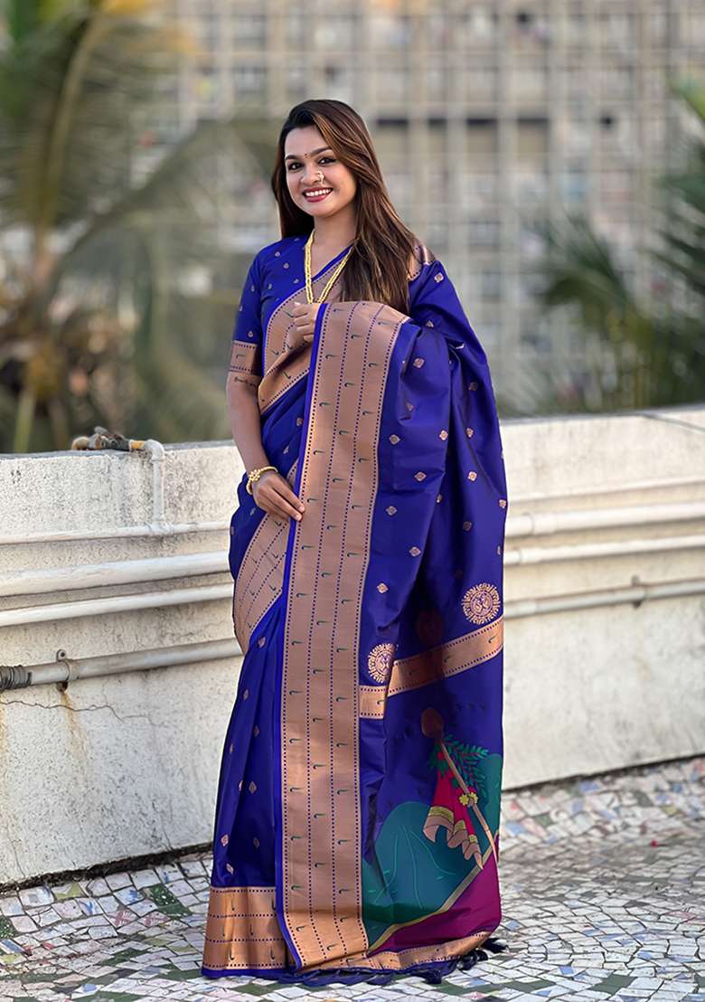 Blue Zari Woven Silk Saree Set - Indya