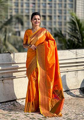 Orange Zari Woven Silk Saree Set