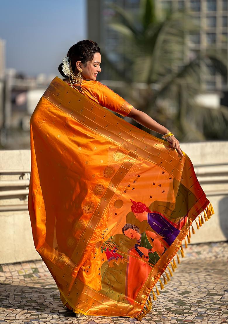 Orange Zari Woven Silk Saree Set