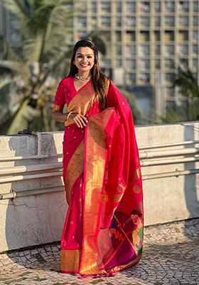 Pink Zari Woven Silk Saree Set