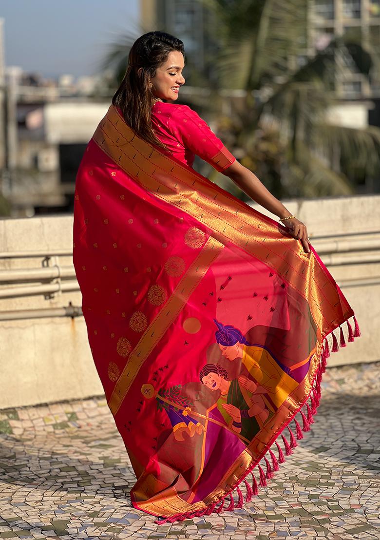 Pink Zari Woven Silk Saree Set