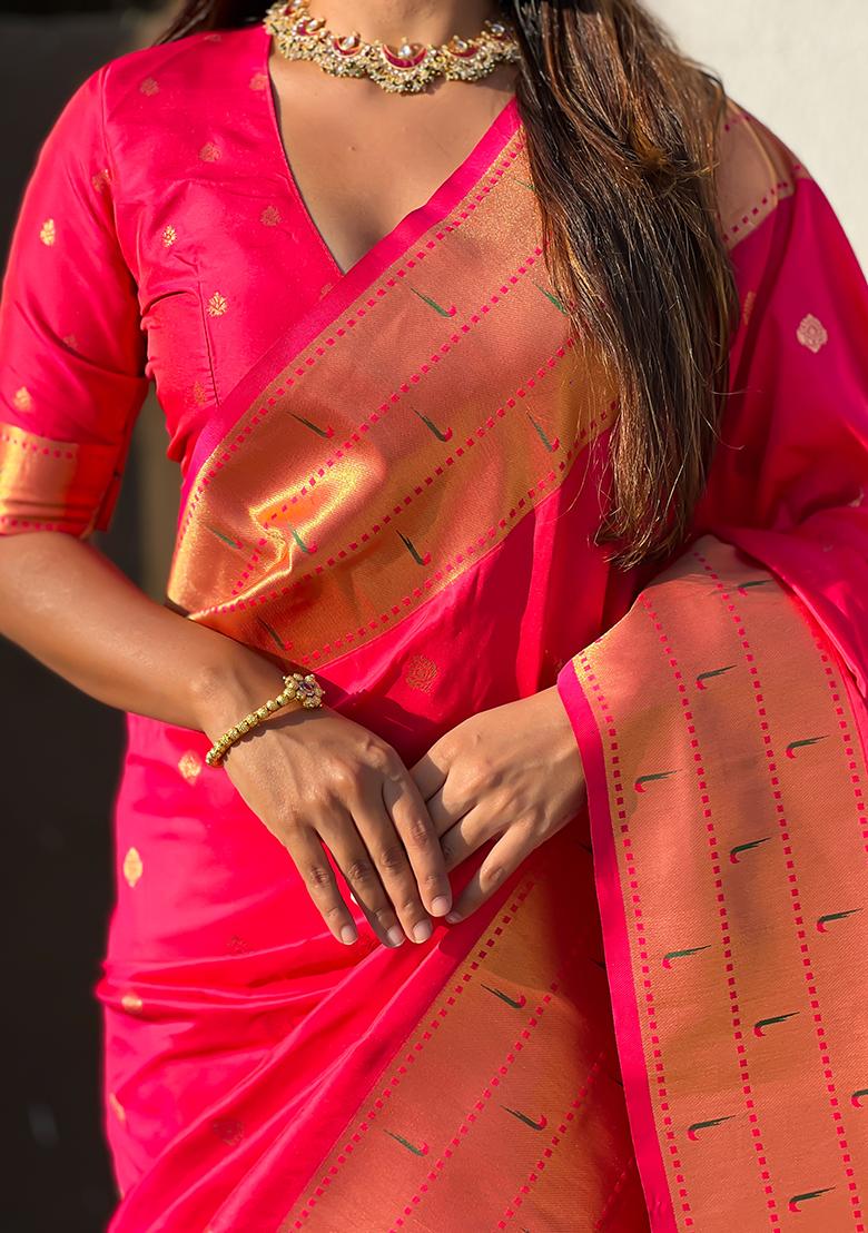 Pink Zari Woven Silk Saree Set