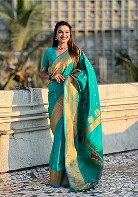 Sea Green Zari Woven Silk Saree Set