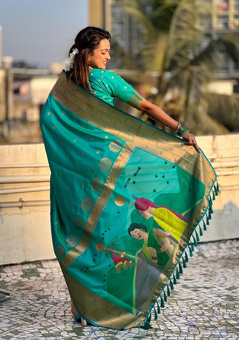Sea Green Zari Woven Silk Saree Set