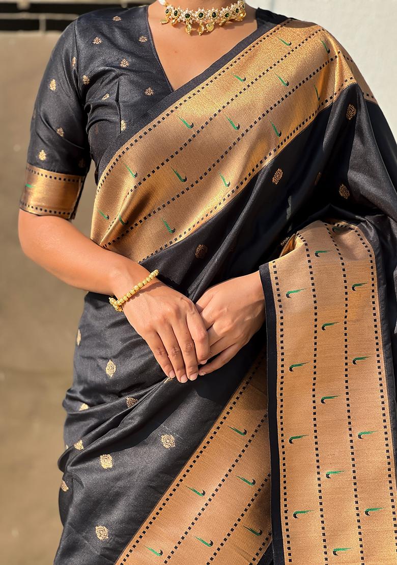 Black Zari Woven Silk Saree Set