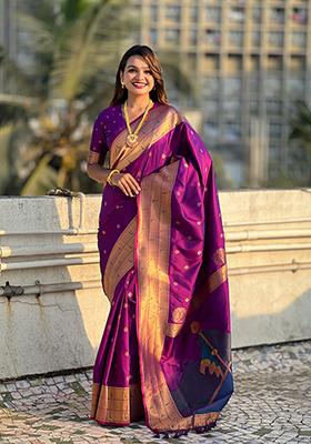 Purple Zari Woven Silk Saree Set