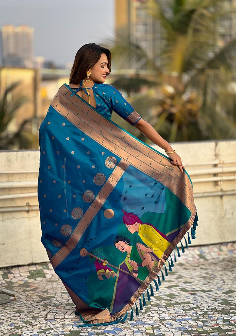 Blue Zari Woven Silk Saree Set