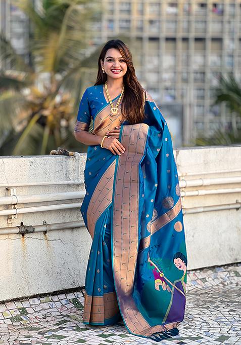 Blue Zari Woven Silk Saree Set