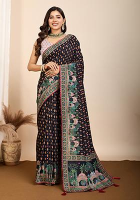 Black Abstract Print Cotton Saree Set