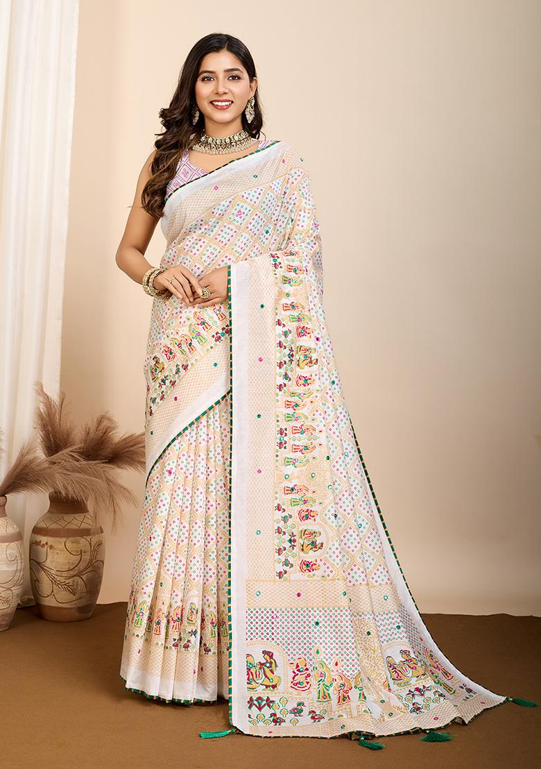 Off White Abstract Print Cotton Saree Set