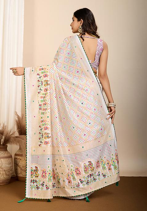 Off White Abstract Print Cotton Saree Set