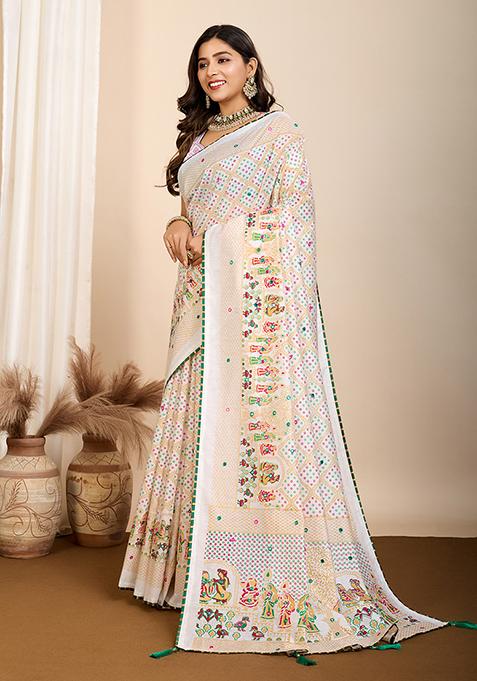 Off White Abstract Print Cotton Saree Set