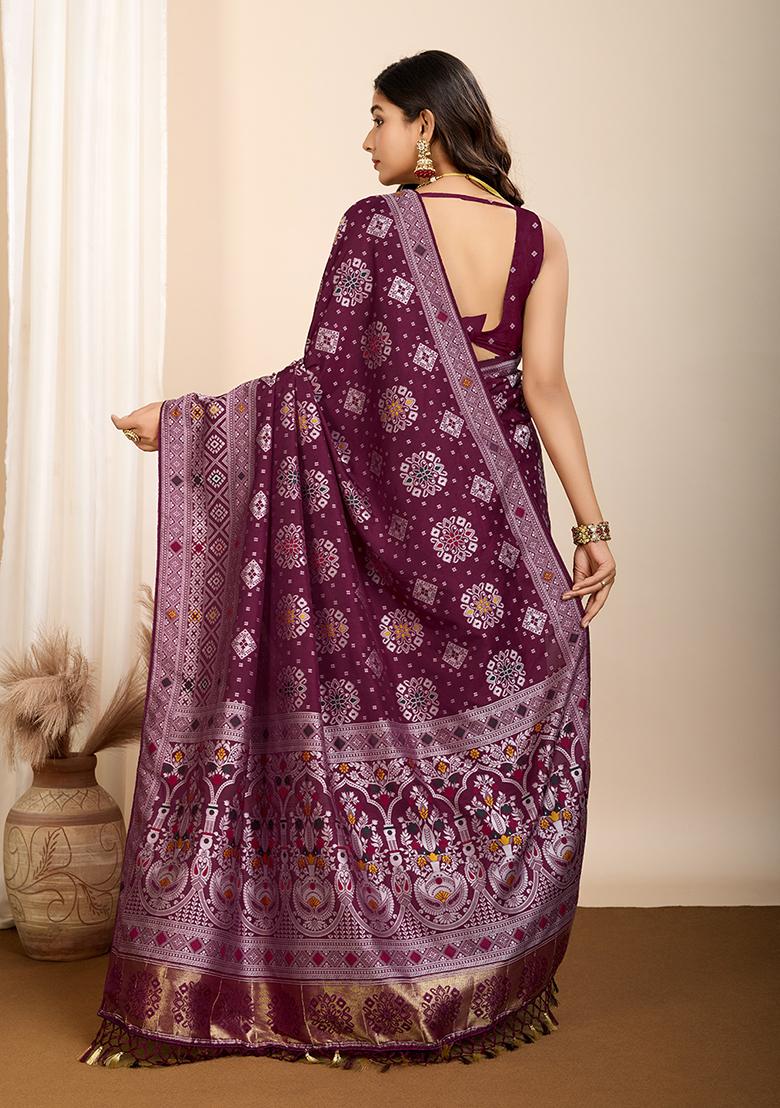 Wine Zari Woven Silk Saree Set
