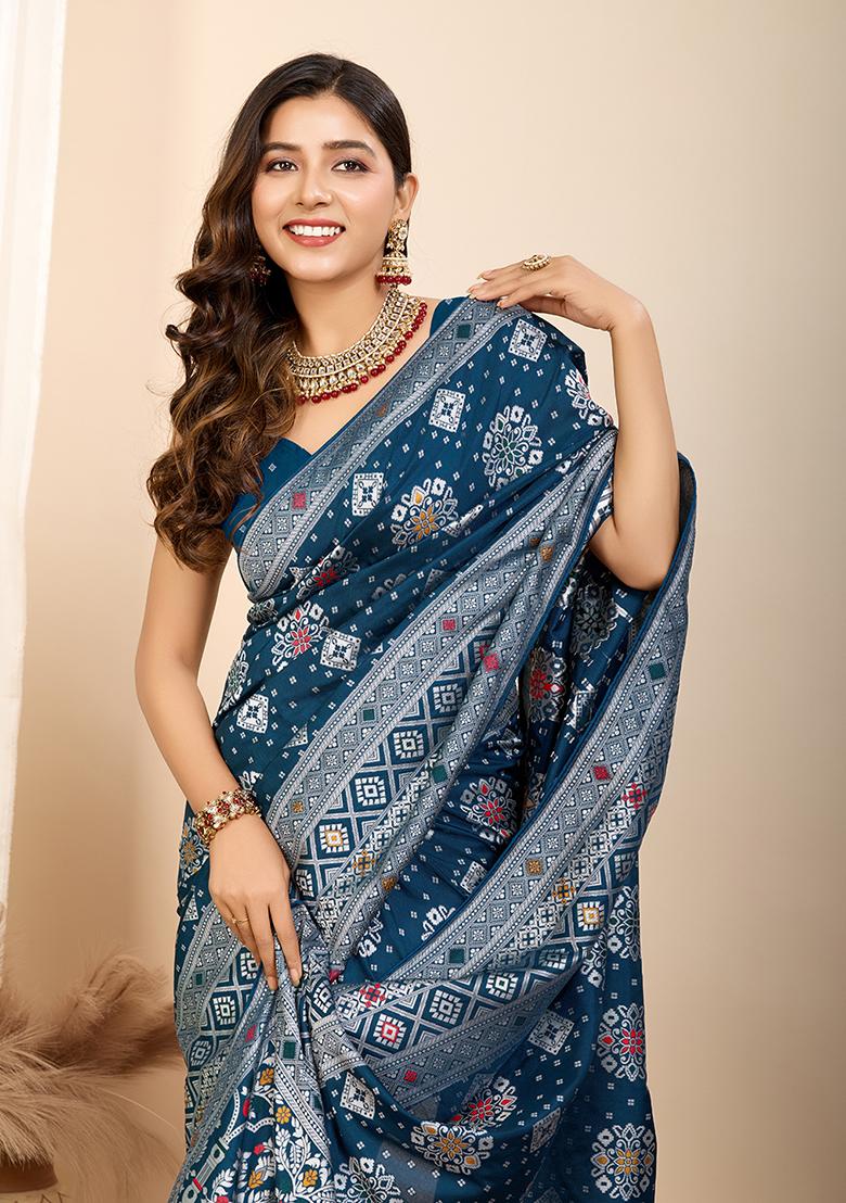 Teal Zari Woven Silk Saree Set