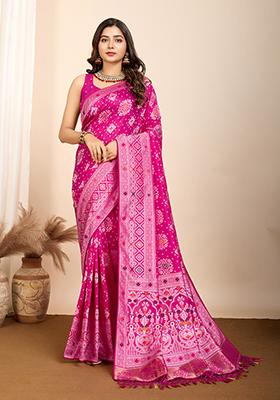 Pink Zari Woven Silk Saree Set