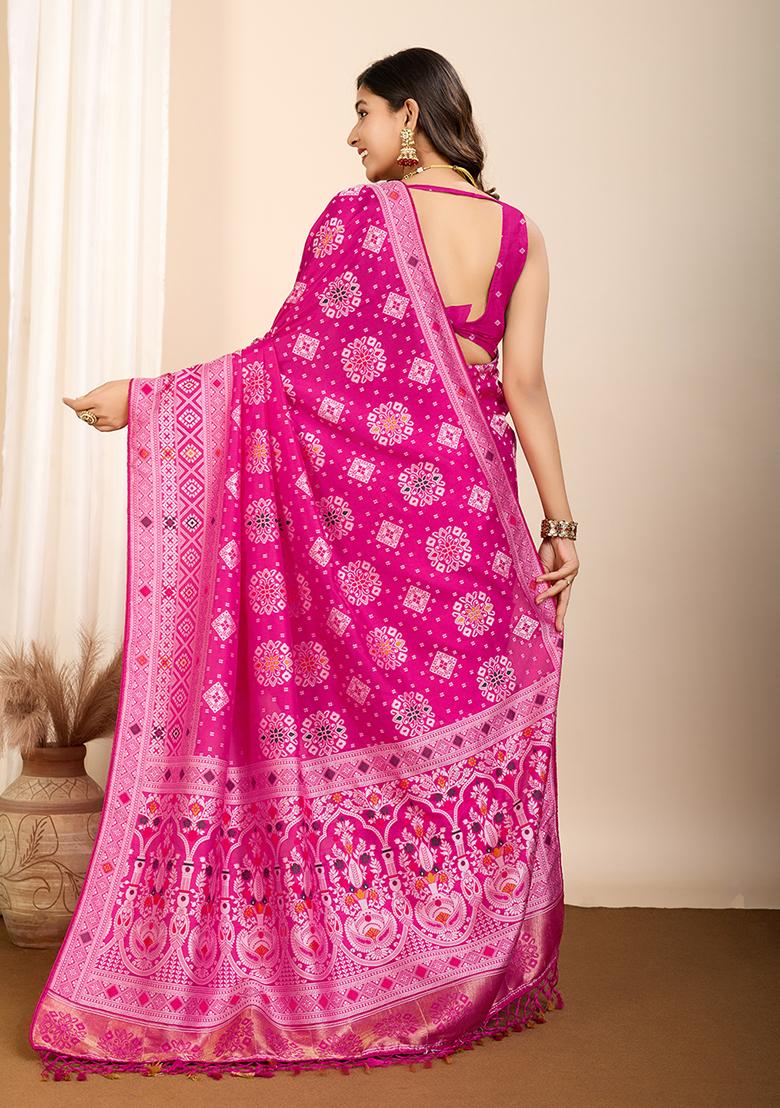 Pink Zari Woven Silk Saree Set