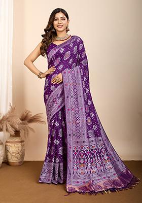 Purple Zari Woven Silk Saree Set