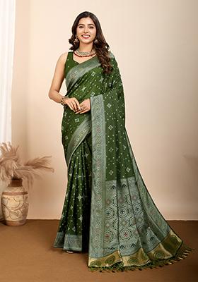 Olive Green Zari Woven Silk Saree Set