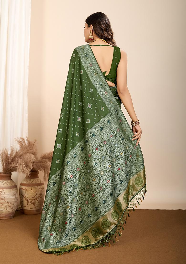 Olive Green Zari Woven Silk Saree Set