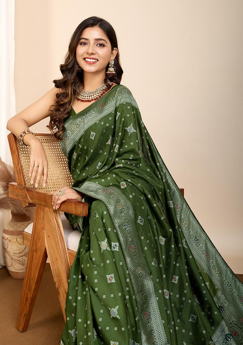 Olive Green Zari Woven Silk Saree Set