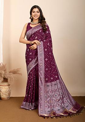 Wine Zari Woven Silk Saree Set
