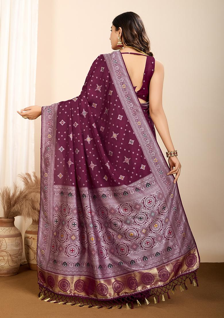 Wine Zari Woven Silk Saree Set